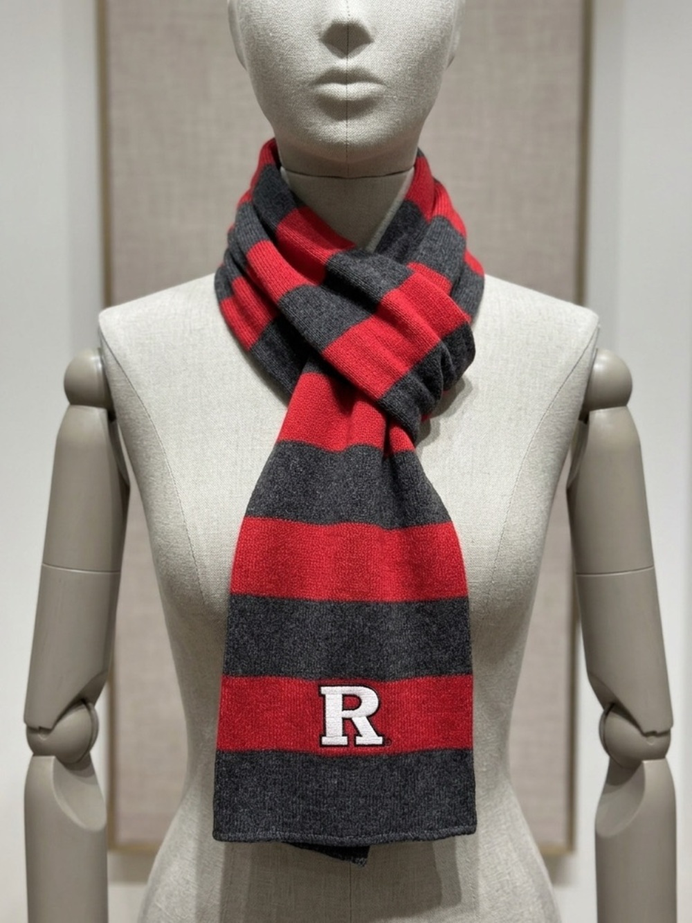 Rutgers Red & Charcoal Striped Scarf with 'R' Accent